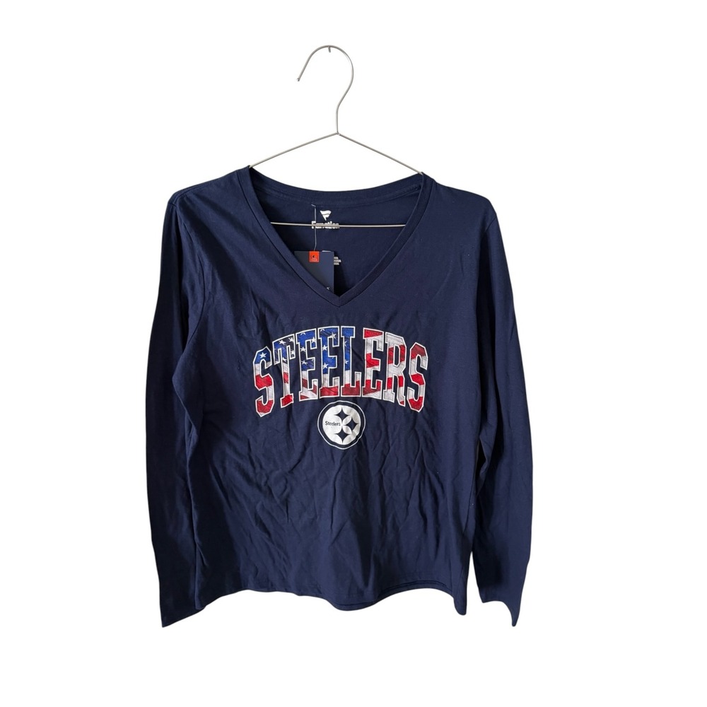 Fanatics Pittsburgh Steelers Womens Navy Blue V-Neck Long Sleeve T-Shirt Large